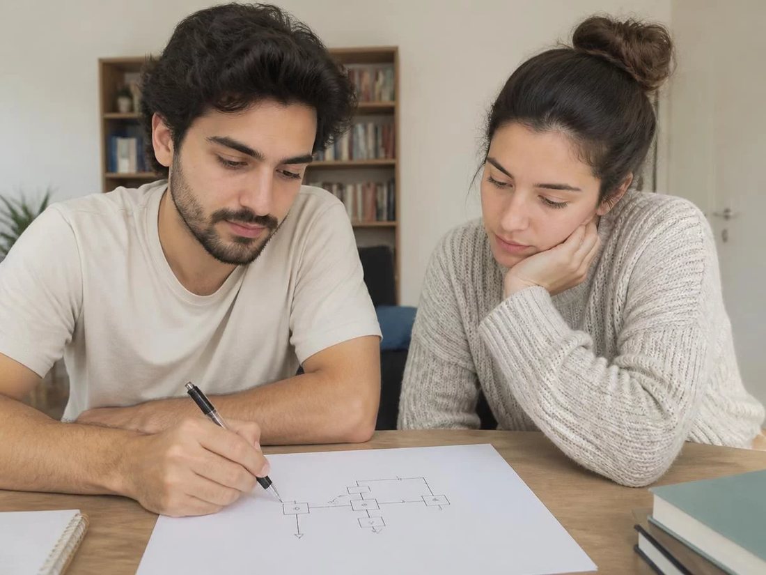 Duas pessoas relendo anotações num tablet apoiado numa mesa de madeira